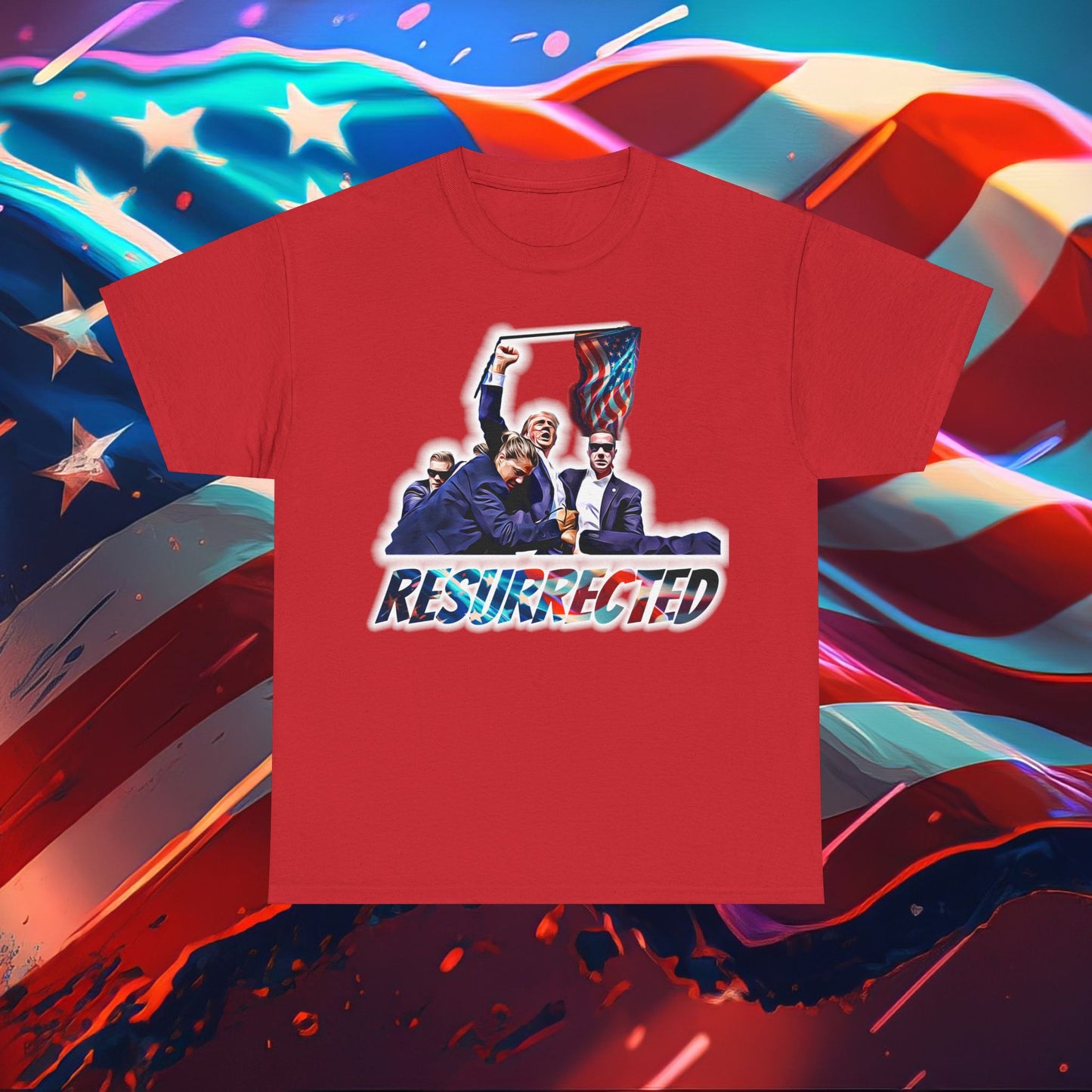 Trumpstar RESURRECTED Flag White Glow T Shirt Special Edition United We Stand America Apparel White Tee  Unisex Mens Womens Stars and Stripes Be Great Again Patriotic 2024 Bulletproof You Missed Rally Presidential Campaign Joe Merch