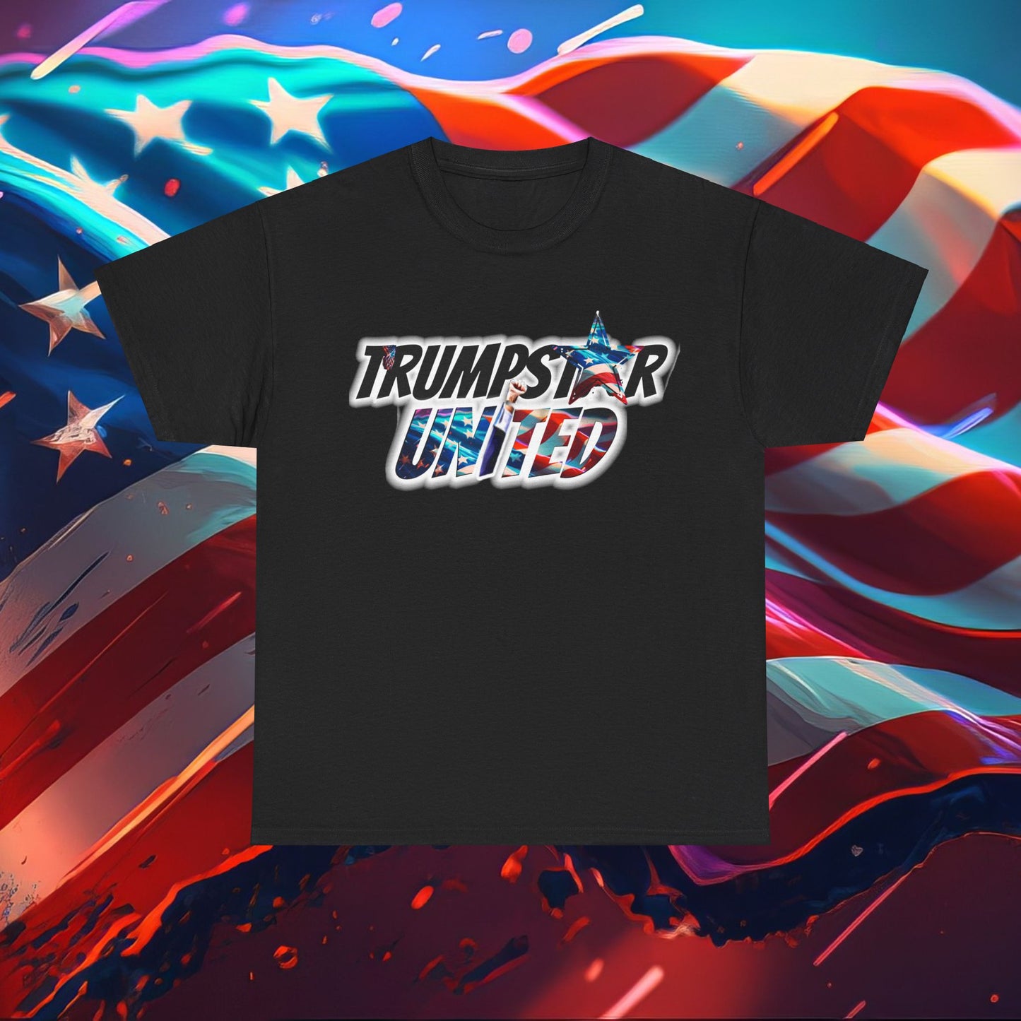 Trumpstar UNITED Flag White Glow T Shirt Special Edition United We Stand America Apparel Tee  Unisex Mens Womens Stars Stripes Great Again Patriotic 2024 Bulletproof You Missed Rally Presidential Campaign Joe Merch