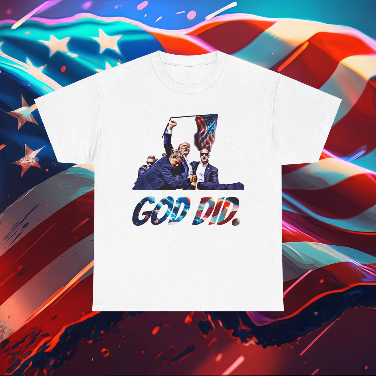 Trumpstar GOD DID PRESIDENTS Flag White Glow T Shirt Special Edition United We Stand America Apparel Tee  Unisex Mens Womens Stars Stripes Great Again Patriotic 2024 Bulletproof You Missed Rally Presidential Campaign Joe Merch