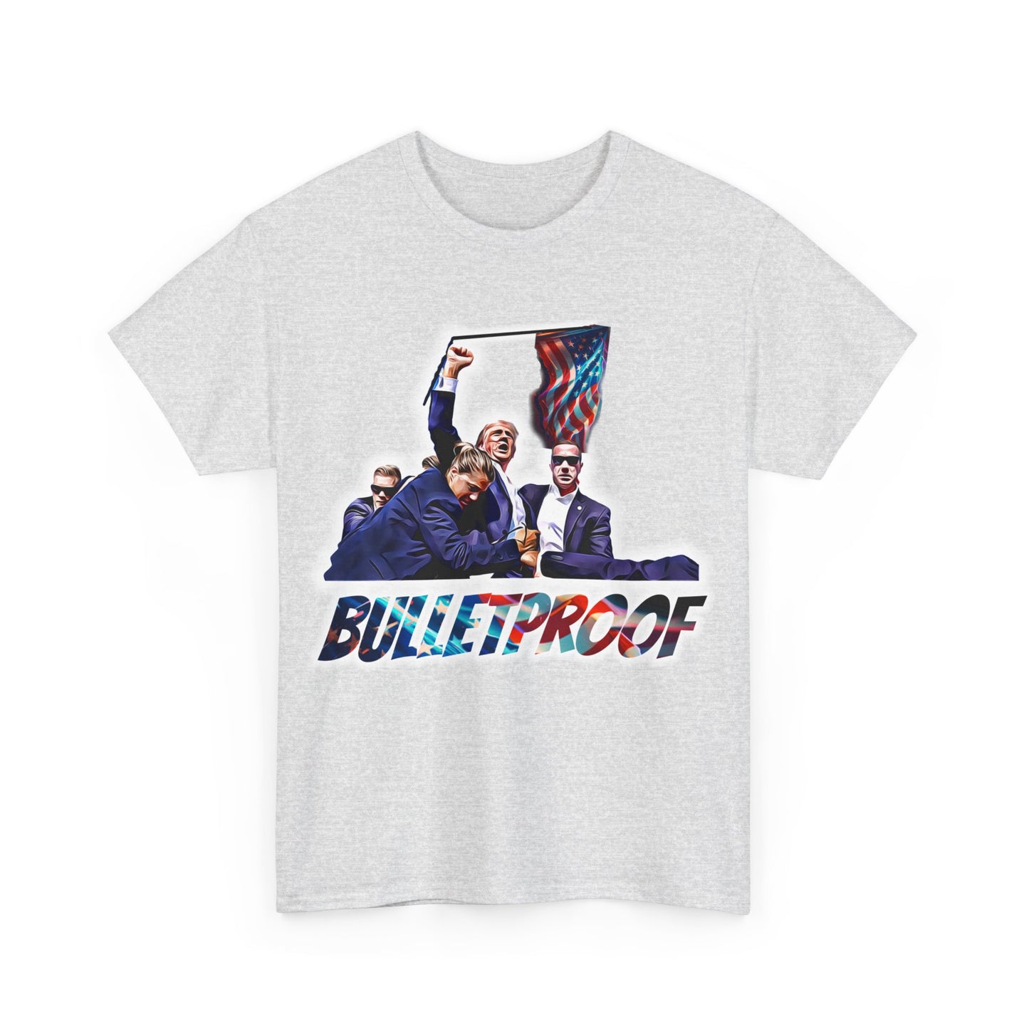 Trumpstar BULLETPROOF Flag White Glow T Shirt Special Edition United We Stand America Apparel White Tee  Unisex Mens Womens Stars and Stripes Be Great Again Patriotic 2024 Bulletproof You Missed Rally Presidential Campaign Joe Merch