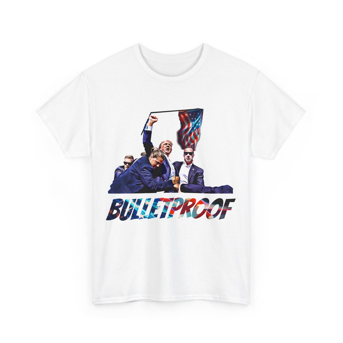 Trumpstar BULLETPROOF Flag White Glow T Shirt Special Edition United We Stand America Apparel White Tee  Unisex Mens Womens Stars and Stripes Be Great Again Patriotic 2024 Bulletproof You Missed Rally Presidential Campaign Joe Merch