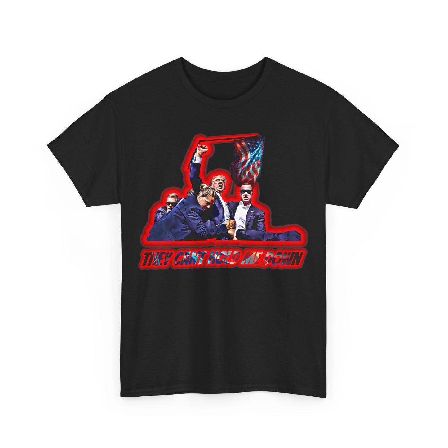 Trumpstar THEY CANT HOLD ME DOWN PRESIDENTS Flag White Glow T Shirt Special Edition United We Stand America Apparel Tee  Unisex Mens Womens Stars Stripes Great Again Patriotic 2024 Bulletproof You Missed Rally Presidential Campaign Joe Merch