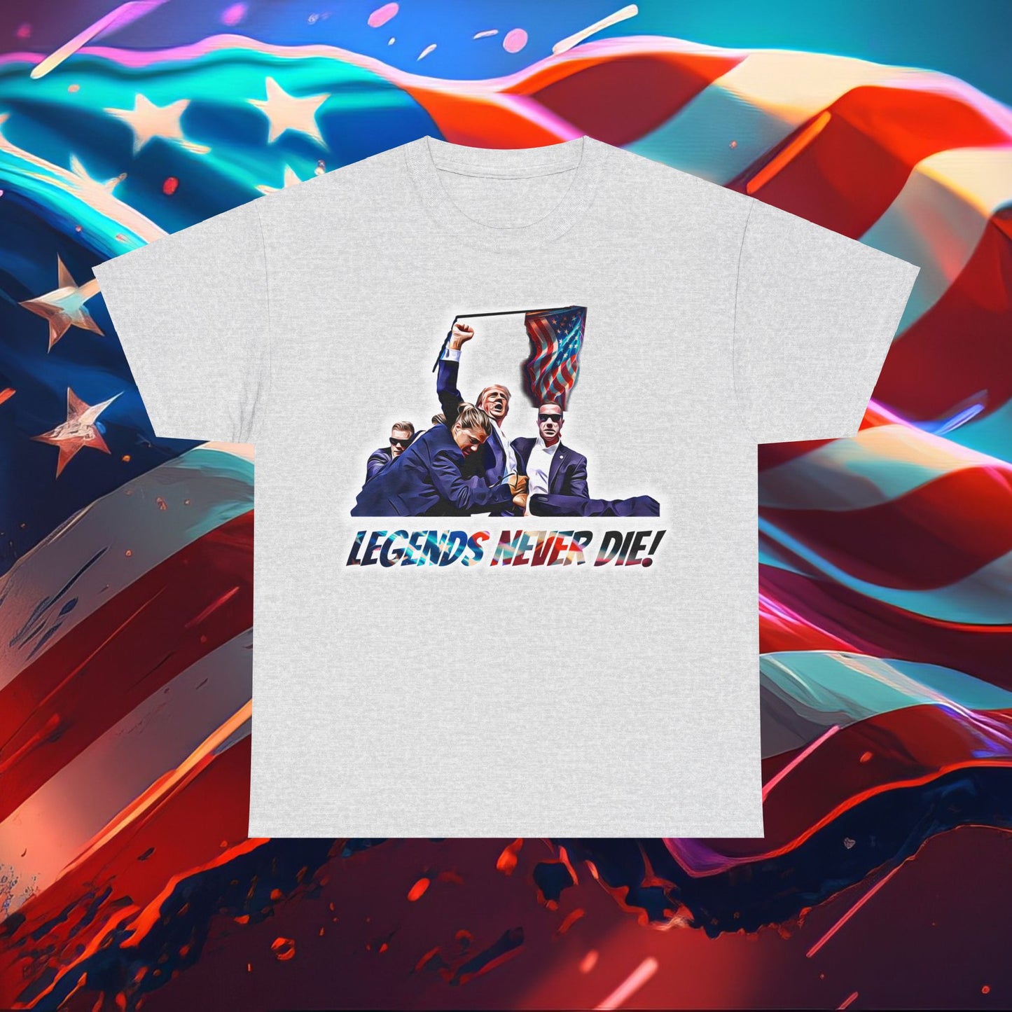 Trumpstar LEGENDS NEVER DIE Flag White Glow T Shirt Special Edition United We Stand America Apparel White Tee  Unisex Mens Womens Stars and Stripes Be Great Again Patriotic Christian Bulletproof You Missed President Presidential Campaign Joe Merch