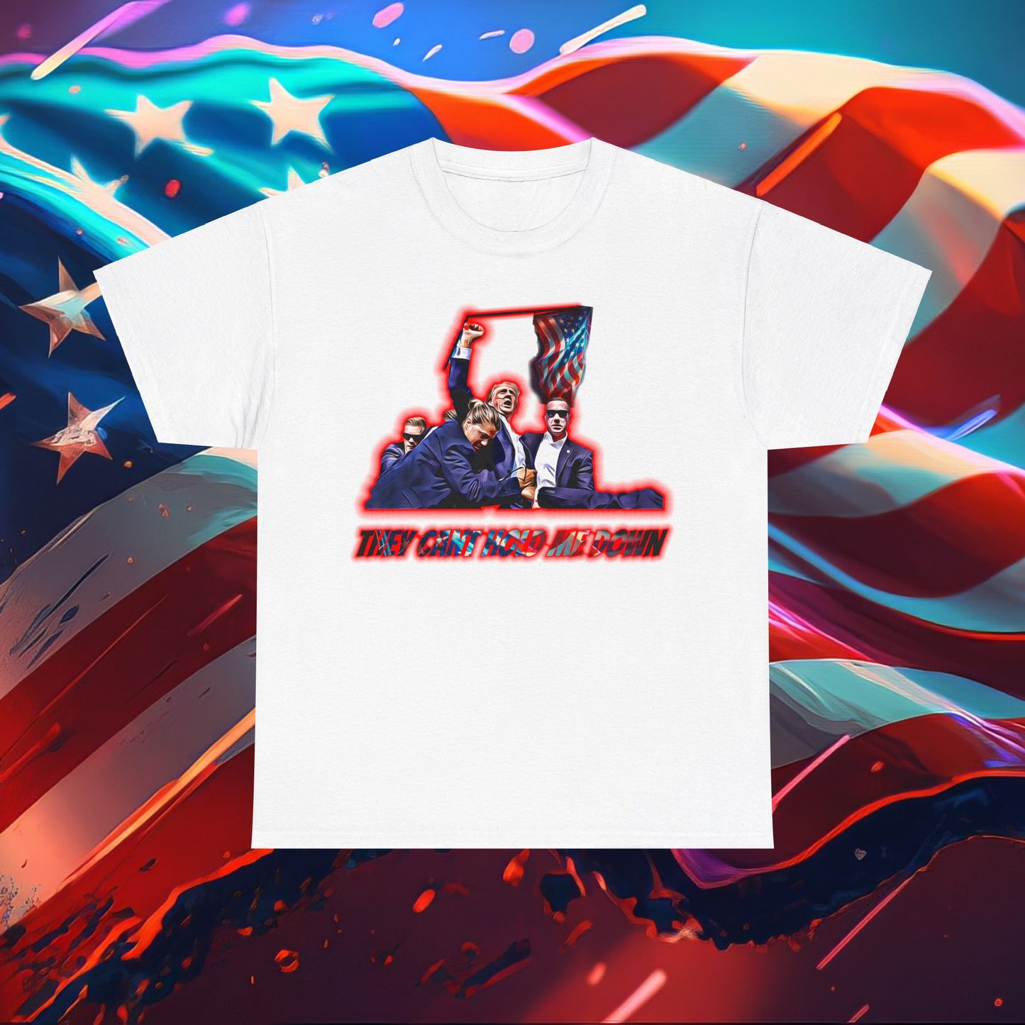 Trumpstar THEY CANT HOLD ME DOWN PRESIDENTS Flag White Glow T Shirt Special Edition United We Stand America Apparel Tee  Unisex Mens Womens Stars Stripes Great Again Patriotic 2024 Bulletproof You Missed Rally Presidential Campaign Joe Merch