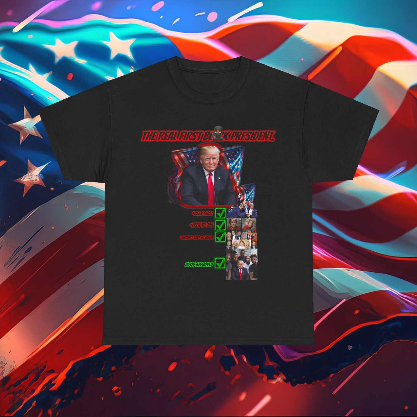 Trumpstar REAL FIRST PRESIDENT OBAMA BLACK White Glow T Shirt Special Edition United We Stand America Apparel Tee  Unisex Mens Womens Stars Stripes Great Again Patriotic 2024 Bulletproof You Missed Rally Presidential Campaign Joe Merch maga rally