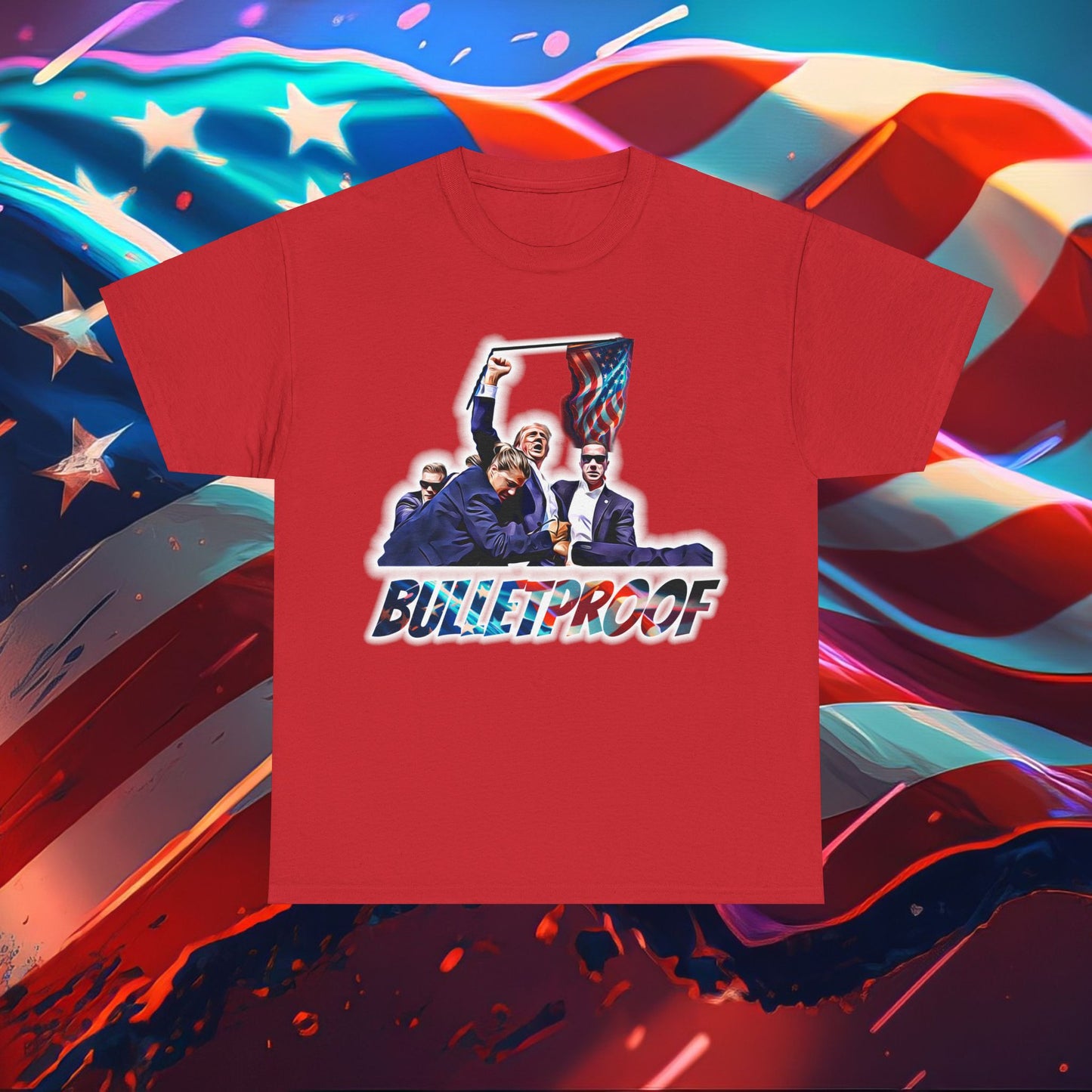 Trumpstar BULLETPROOF Flag White Glow T Shirt Special Edition United We Stand America Apparel White Tee  Unisex Mens Womens Stars and Stripes Be Great Again Patriotic 2024 Bulletproof You Missed Rally Presidential Campaign Joe Merch