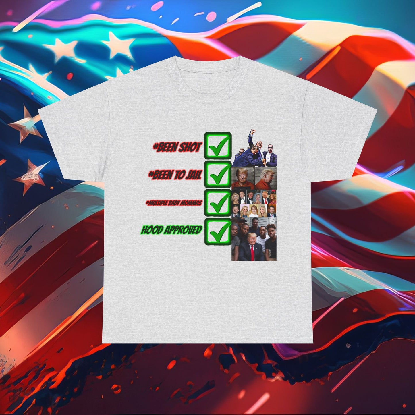 Trumpstar FIRST HOOD PRESIDENT HOOD APPROVED Black Viral  Flag White Glow T Shirt Special Edition United We Stand America Apparel White Tee  Unisex Mens Womens Be Great Again Patriotic 2024 Bulletproof You Missed Rally Presidential Merch