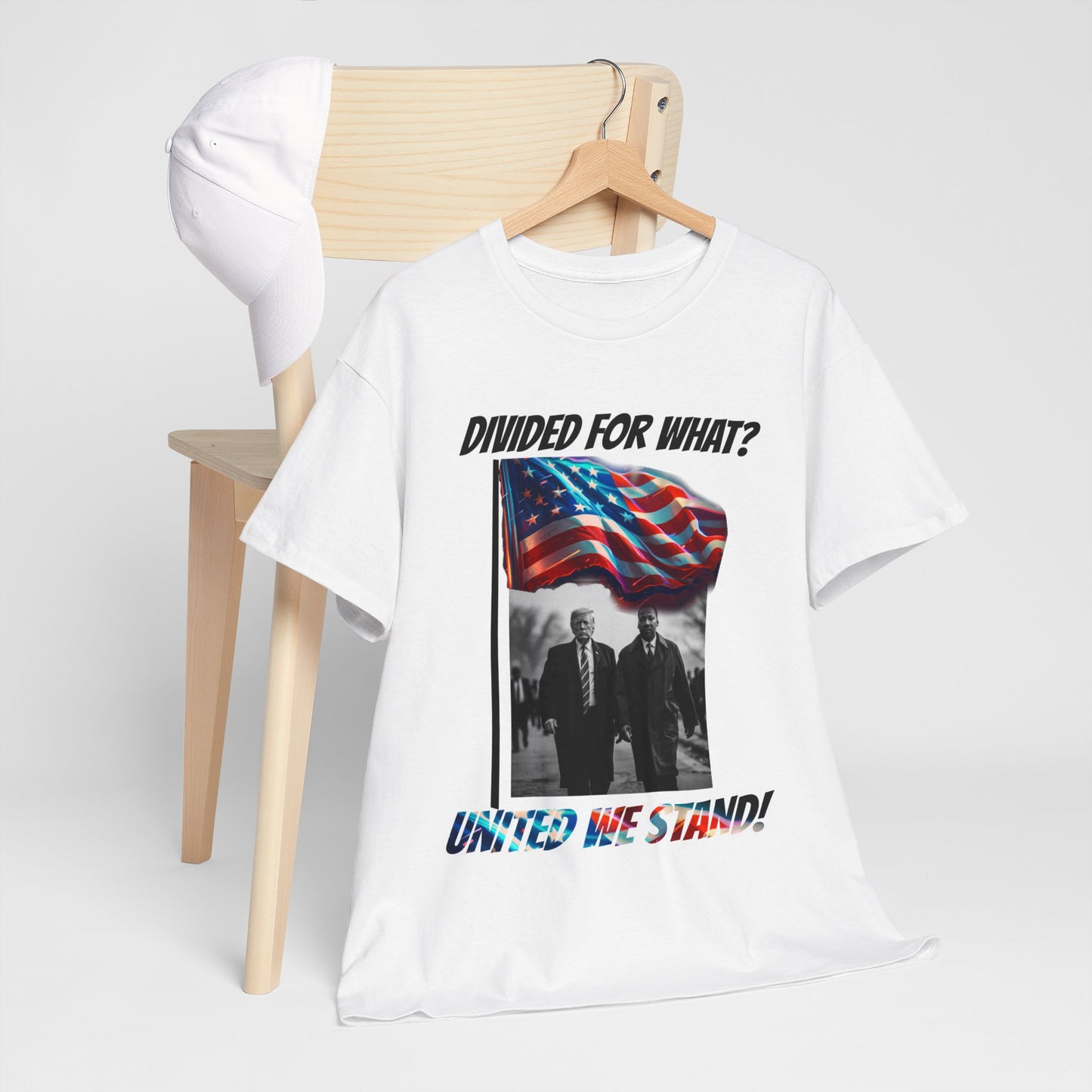 Trumpstar UNITED WE STAND Divided For What? Martin Flag White Glow T Shirt Special Edition United We Stand America Apparel White Tee  Unisex Mens Womens Be Great Again Patriotic 2024 Bulletproof You Missed Rally Presidential Campaign Joe Merch