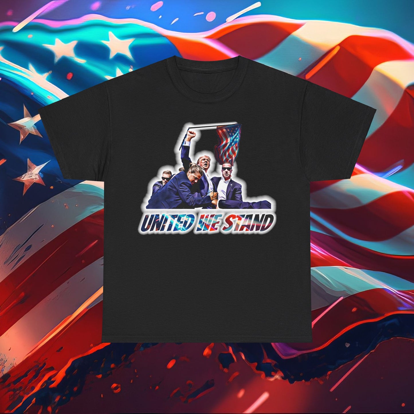 Trumpstar UNITED WE STAND Flag White Glow T Shirt Special Edition United We Stand America Apparel White Tee  Unisex Mens Womens Stars and Stripes Be Great Again Patriotic 2024 Bulletproof You Missed Rally Presidential Campaign Joe Merch