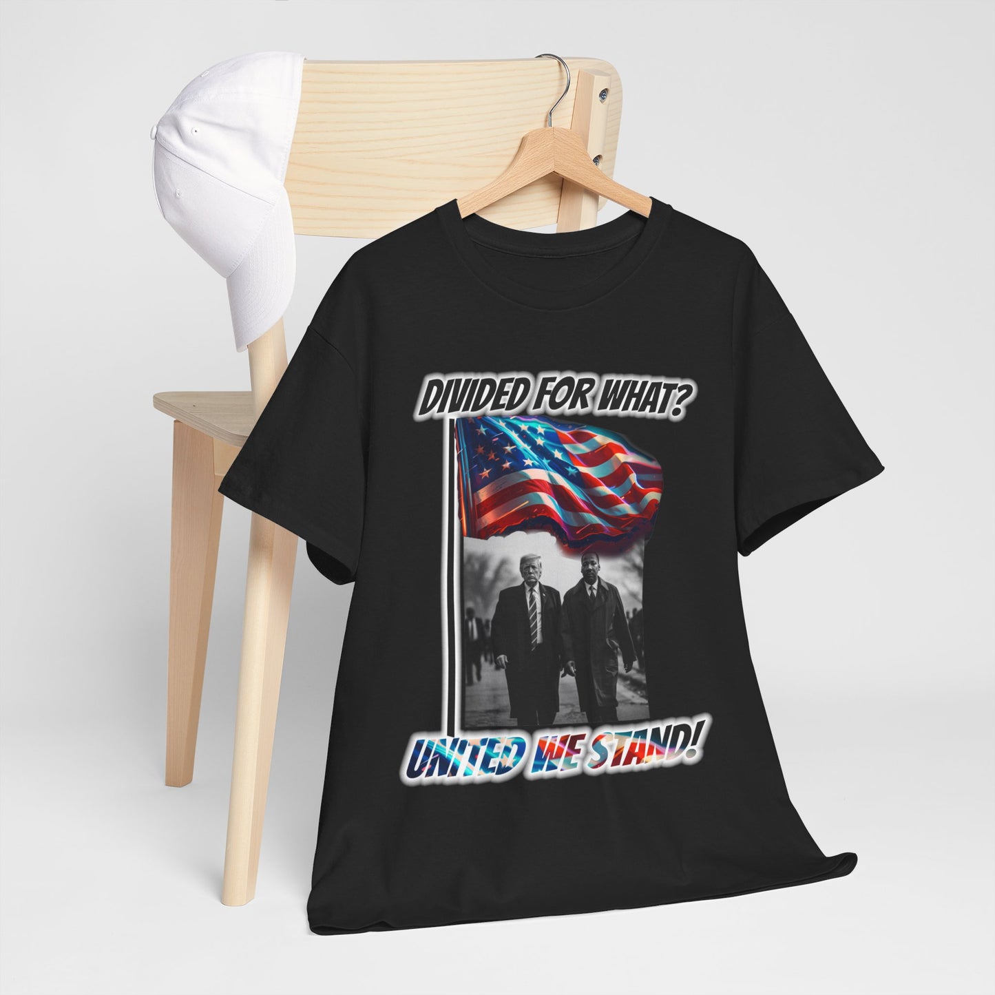 Trumpstar UNITED WE STAND Divided For What? Martin Flag White Glow T Shirt Special Edition United We Stand America Apparel White Tee  Unisex Mens Womens Be Great Again Patriotic 2024 Bulletproof You Missed Rally Presidential Campaign Joe Merch