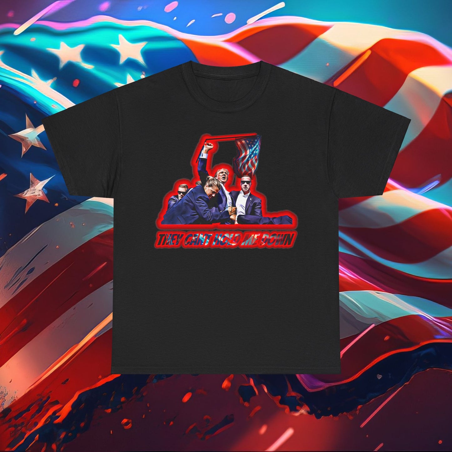 Trumpstar THEY CANT HOLD ME DOWN PRESIDENTS Flag White Glow T Shirt Special Edition United We Stand America Apparel Tee  Unisex Mens Womens Stars Stripes Great Again Patriotic 2024 Bulletproof You Missed Rally Presidential Campaign Joe Merch