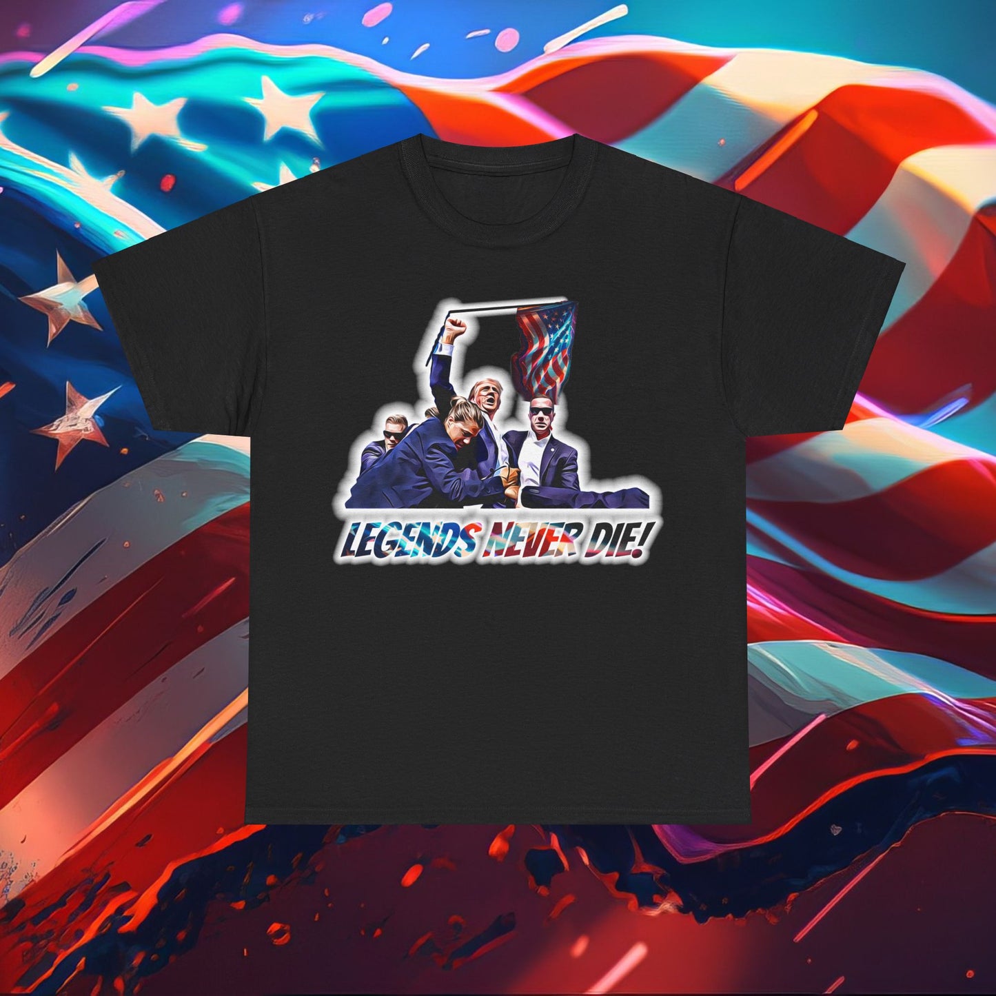 Trumpstar LEGENDS NEVER DIE Flag White Glow T Shirt Special Edition United We Stand America Apparel White Tee  Unisex Mens Womens Stars and Stripes Be Great Again Patriotic Christian Bulletproof You Missed President Presidential Campaign Joe Merch