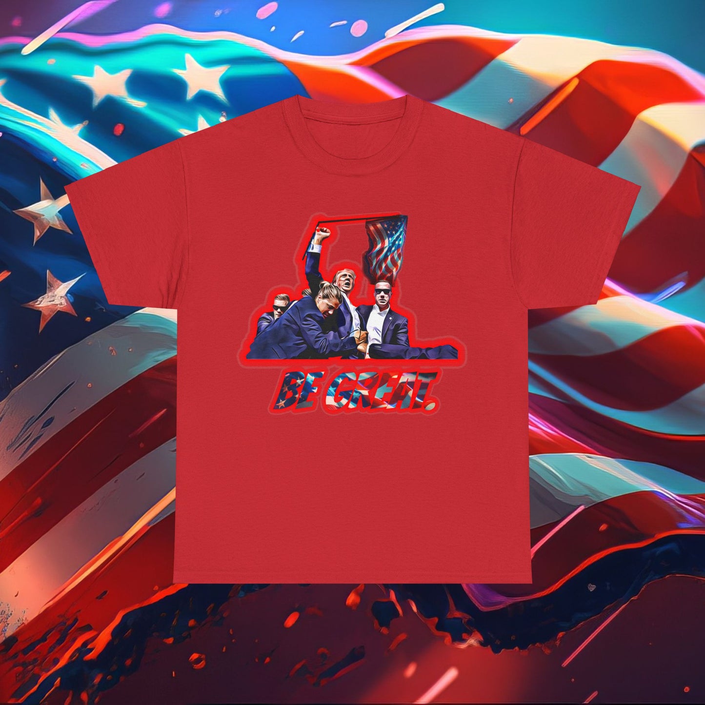 Trumpstar BE GREAT Red Glow T Shirt Special Edition United We Stand America Apparel White Tee  Unisex Mens Womens Stars and Stripes Be Great Again Patriotic Christian Bulletproof You Missed President Presidential Campaign Joe Merch