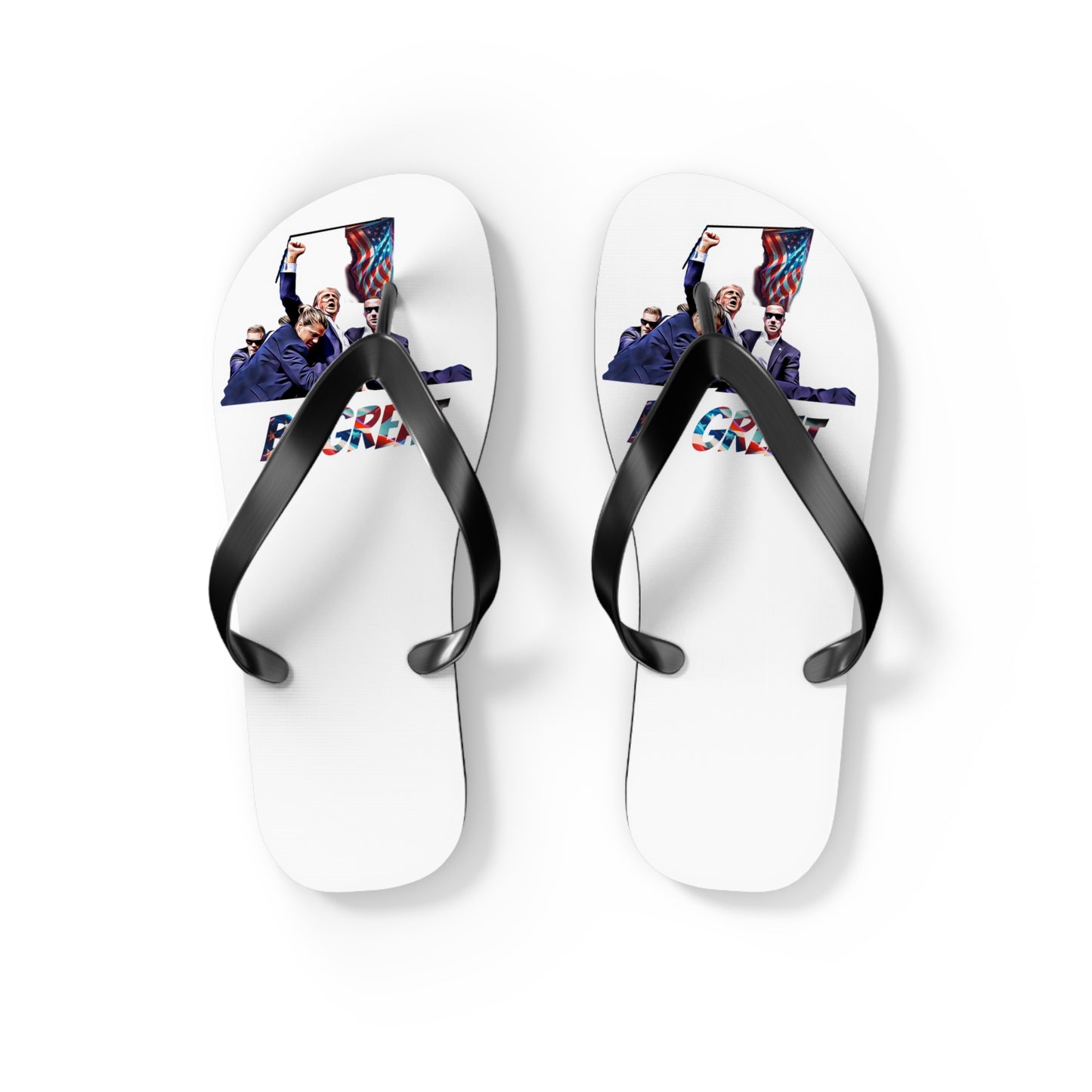 Trumpstar BE GREAT Flip Flops Special Edition United We Stand America Apparel White Tee Unisex Mens Womens Stars and Stripes Be Great Again Patriotic  Bulletproof You Missed President Presidential Campaign Joe Merch