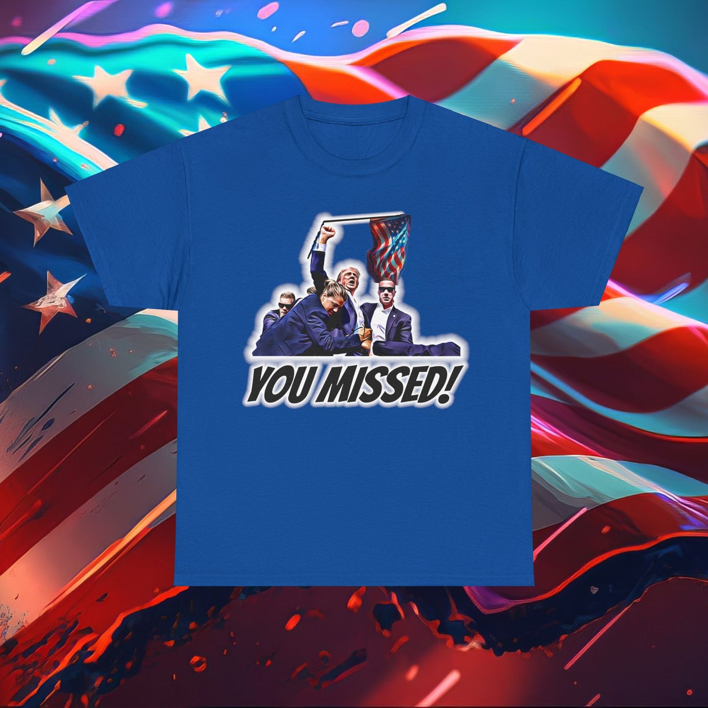 Trumpstar YOU MISSED White Glow T Shirt Special Edition United We Stand America Apparel White Tee  Unisex Mens Womens Stars and Stripes Be Great Again Patriotic Christian Bulletproof You Missed President Presidential Campaign Joe Merch