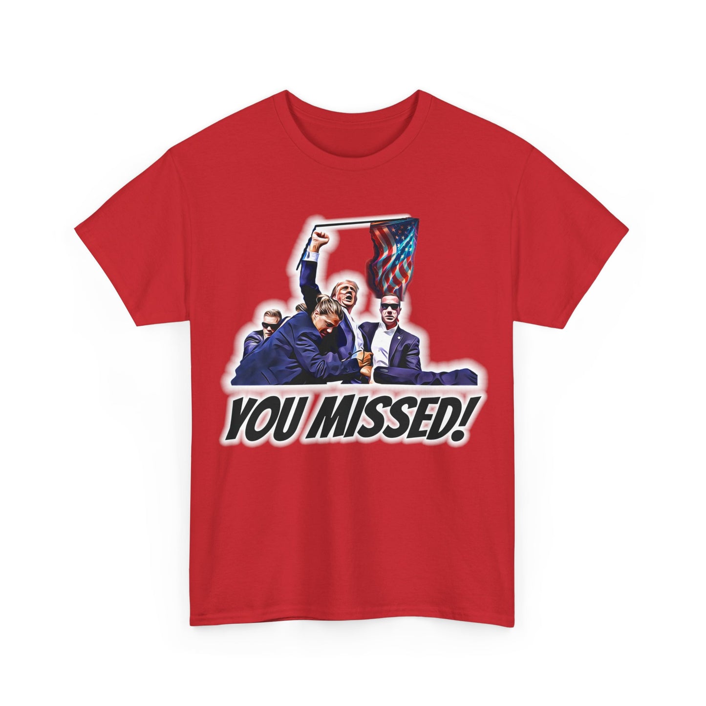 Trumpstar YOU MISSED White Glow T Shirt Special Edition United We Stand America Apparel White Tee  Unisex Mens Womens Stars and Stripes Be Great Again Patriotic Christian Bulletproof You Missed President Presidential Campaign Joe Merch