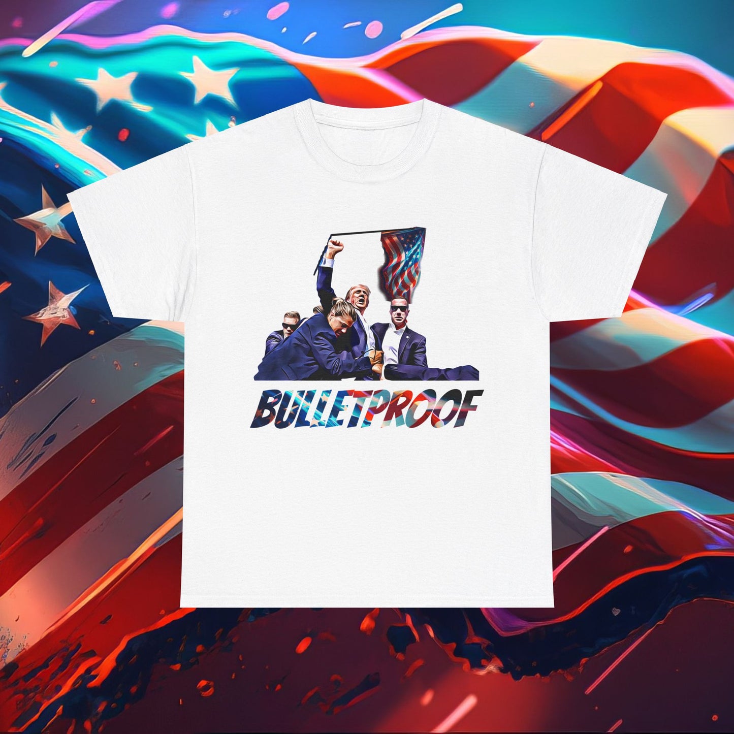 Trumpstar BULLETPROOF Flag White Glow T Shirt Special Edition United We Stand America Apparel White Tee  Unisex Mens Womens Stars and Stripes Be Great Again Patriotic 2024 Bulletproof You Missed Rally Presidential Campaign Joe Merch