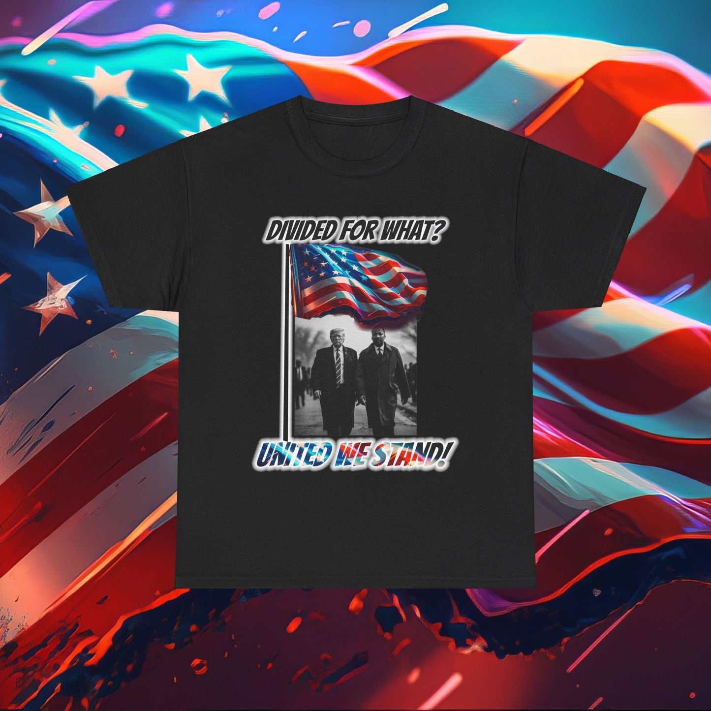 Trumpstar UNITED WE STAND Divided For What? Martin Flag White Glow T Shirt Special Edition United We Stand America Apparel White Tee  Unisex Mens Womens Be Great Again Patriotic 2024 Bulletproof You Missed Rally Presidential Campaign Joe Merch