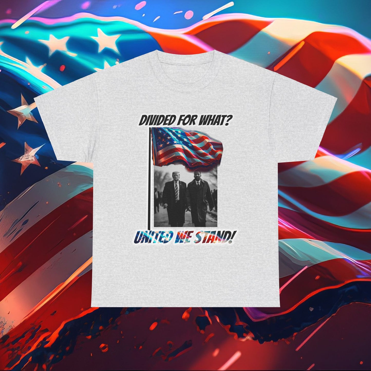 Trumpstar UNITED WE STAND Divided For What? Martin Flag White Glow T Shirt Special Edition United We Stand America Apparel White Tee  Unisex Mens Womens Be Great Again Patriotic 2024 Bulletproof You Missed Rally Presidential Campaign Joe Merch