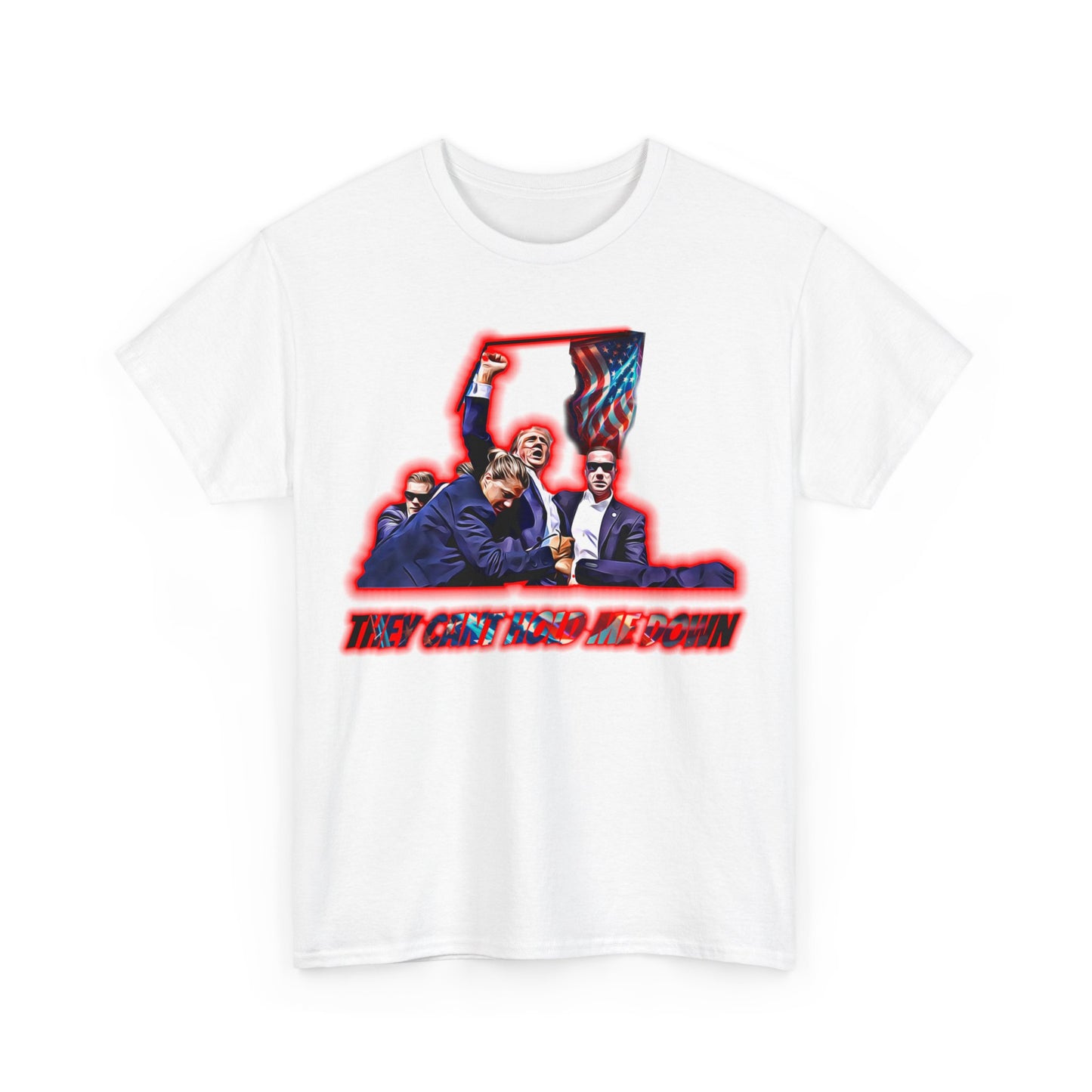 Trumpstar THEY CANT HOLD ME DOWN PRESIDENTS Flag White Glow T Shirt Special Edition United We Stand America Apparel Tee  Unisex Mens Womens Stars Stripes Great Again Patriotic 2024 Bulletproof You Missed Rally Presidential Campaign Joe Merch