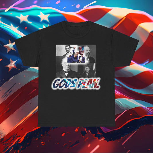 Trumpstar GODS PLAN PRESIDENTS Flag White Glow T Shirt Special Edition United We Stand America Apparel Tee  Unisex Mens Womens Stars Stripes Great Again Patriotic 2024 Bulletproof You Missed Rally Presidential Campaign Joe Merch