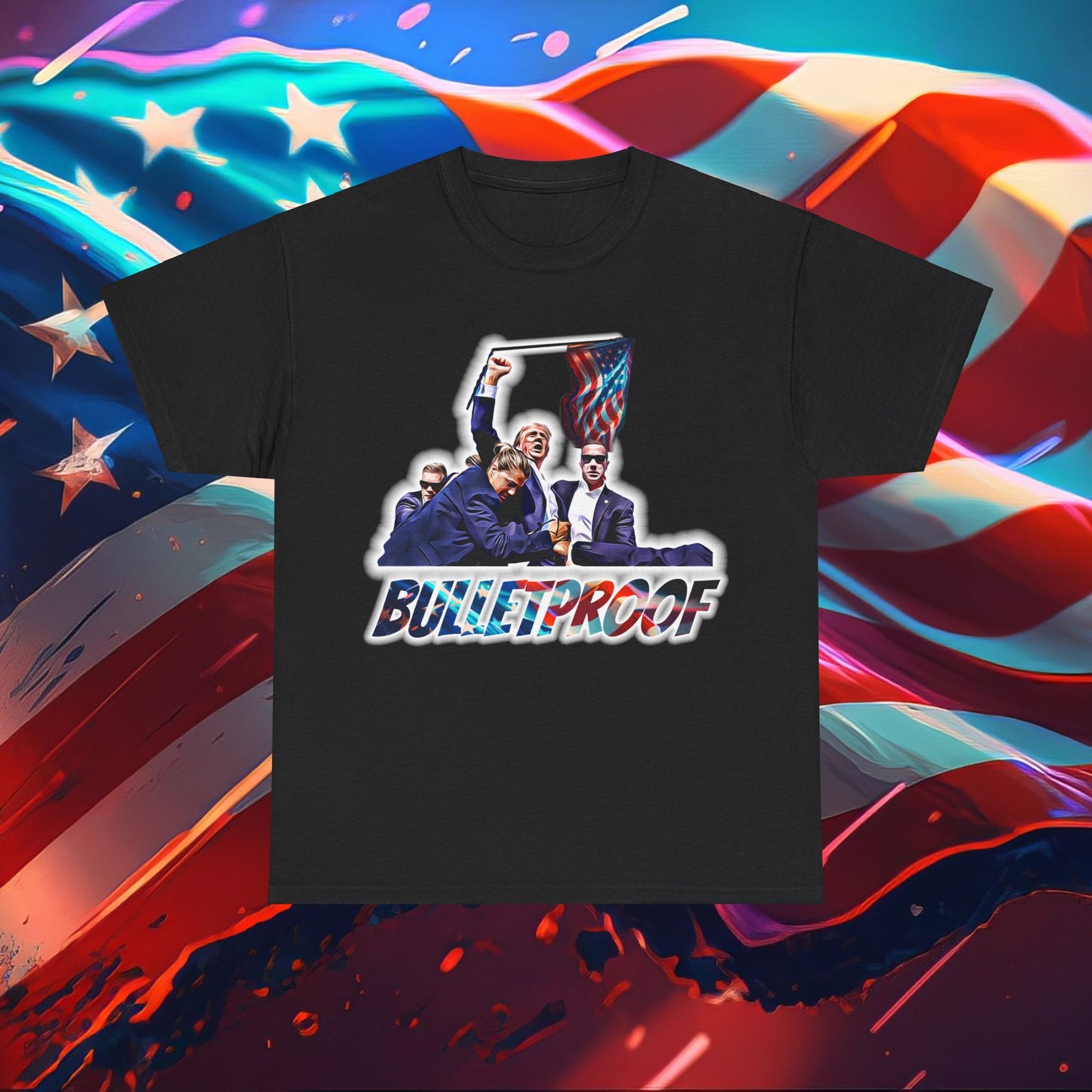 Trumpstar BULLETPROOF Flag White Glow T Shirt Special Edition United We Stand America Apparel White Tee  Unisex Mens Womens Stars and Stripes Be Great Again Patriotic 2024 Bulletproof You Missed Rally Presidential Campaign Joe Merch