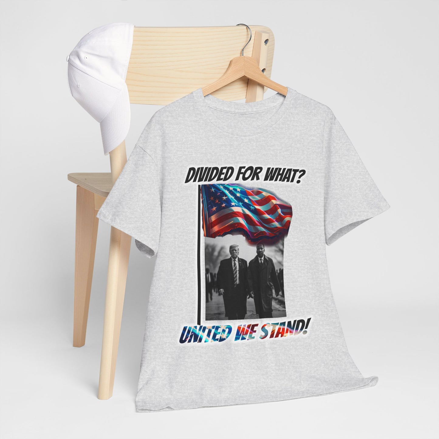 Trumpstar UNITED WE STAND Divided For What? Martin Flag White Glow T Shirt Special Edition United We Stand America Apparel White Tee  Unisex Mens Womens Be Great Again Patriotic 2024 Bulletproof You Missed Rally Presidential Campaign Joe Merch